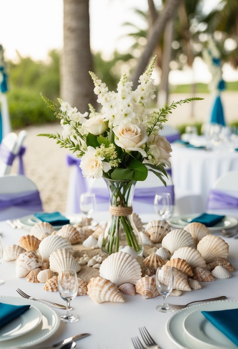 A table adorned with seashell arrangements in place of traditional floral decorations for a beach-themed wedding