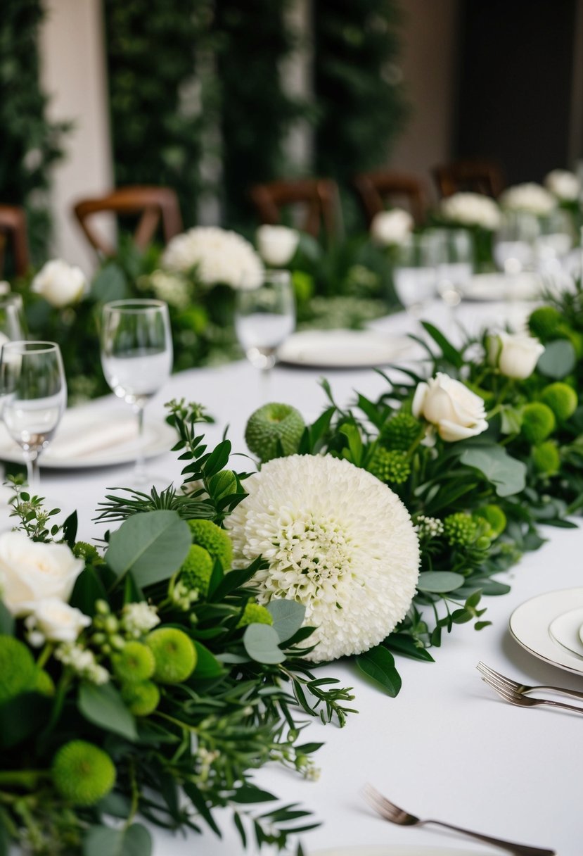 Lush greenery and textured white bouquets adorn wedding tables