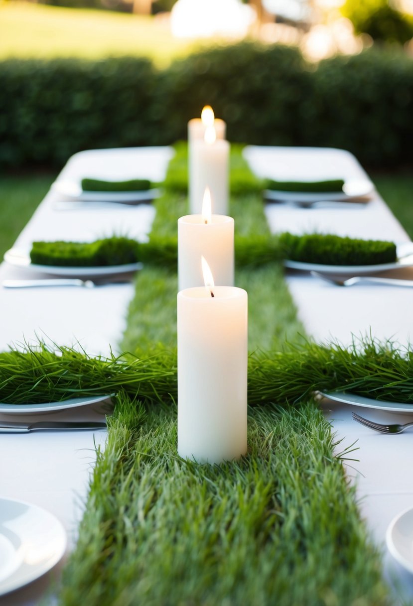 Green grass runners lay across white candleholders on a wedding table