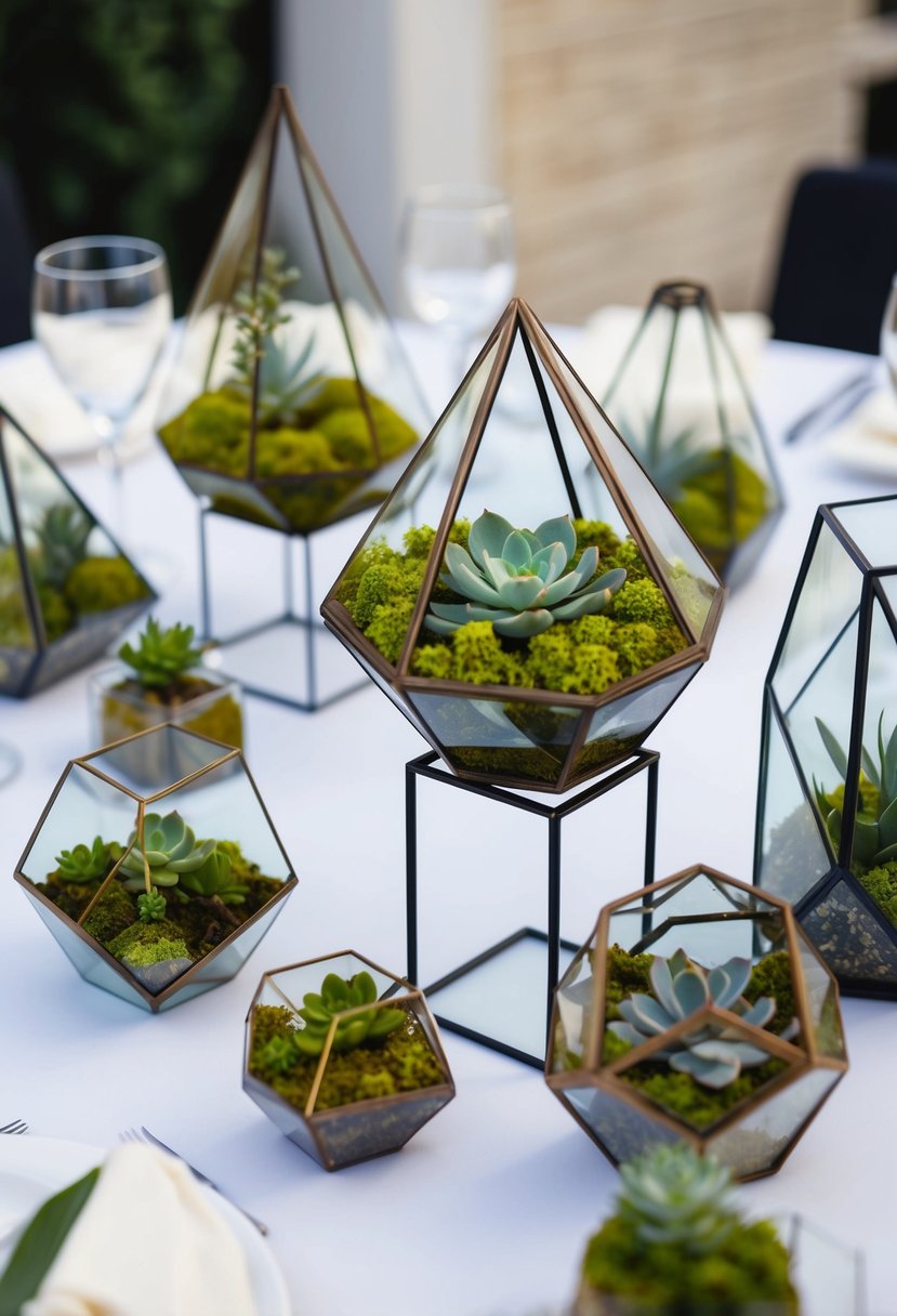 A table adorned with geometric terrariums in various shapes and sizes, filled with moss and small succulents, creating an elegant and modern wedding centerpiece