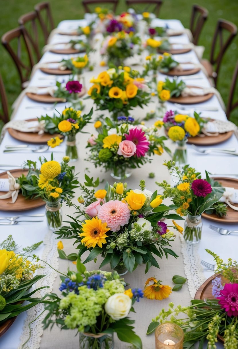 A table scattered with vibrant summer flowers and greenery, arranged in various bouquets, with ribbons and lace accents