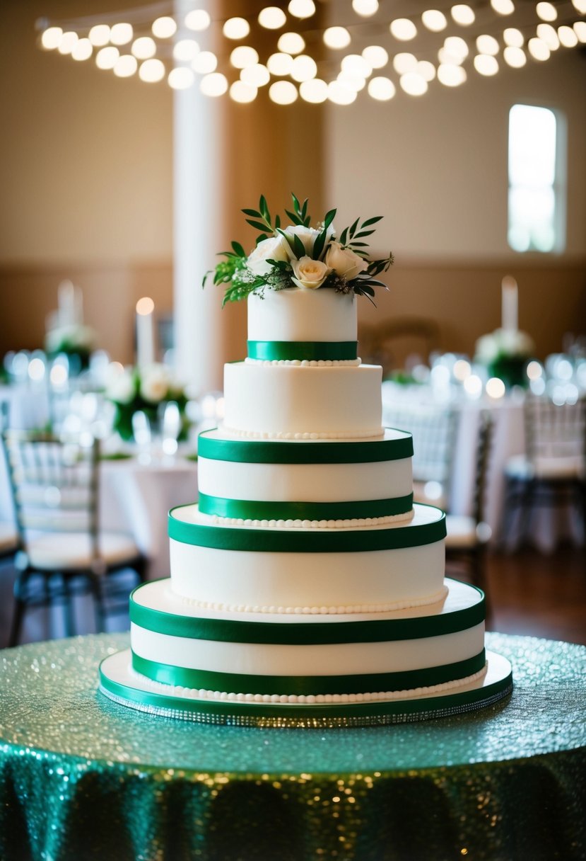 A tiered wedding cake with green and white accents sits on a decorated table