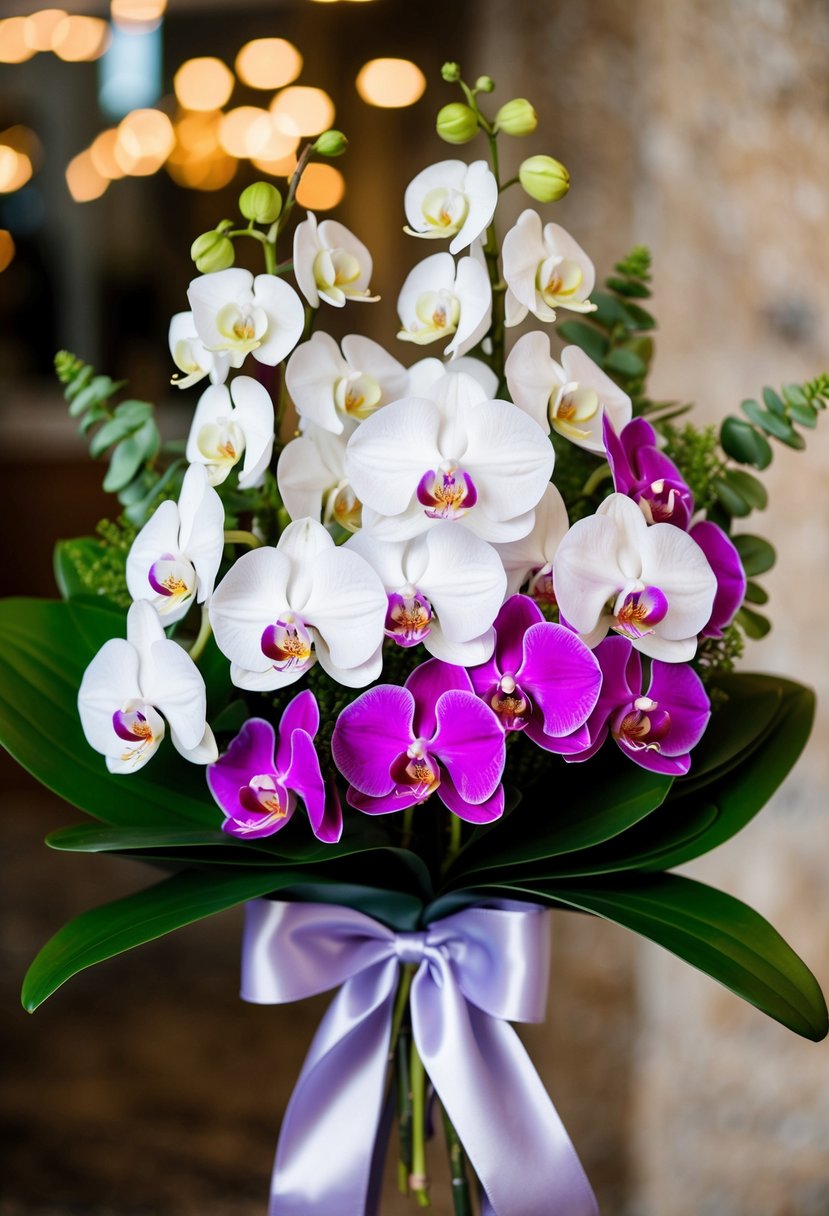 A lush bouquet of delicate orchids in shades of white and purple, accented with greenery and tied with a satin ribbon