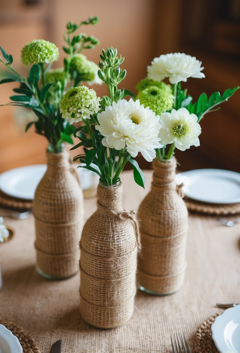 Vintage vases wrapped in burlap twine sit on a rustic wedding table, filled with green and white flowers for a charming centerpiece