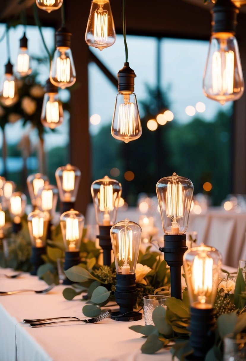 A table adorned with clusters of Edison bulbs, creating a warm and romantic atmosphere for a wedding celebration