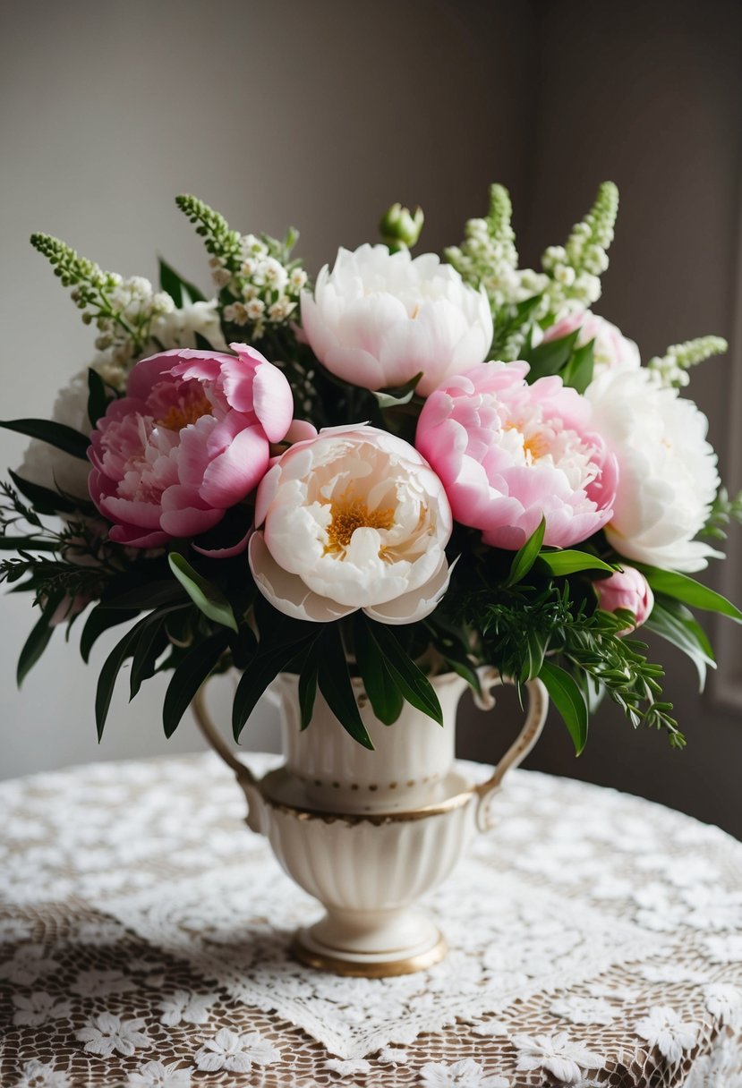 A lush bouquet of pink and white peonies, accented with greenery, sits in a vintage vase on a lace-covered table