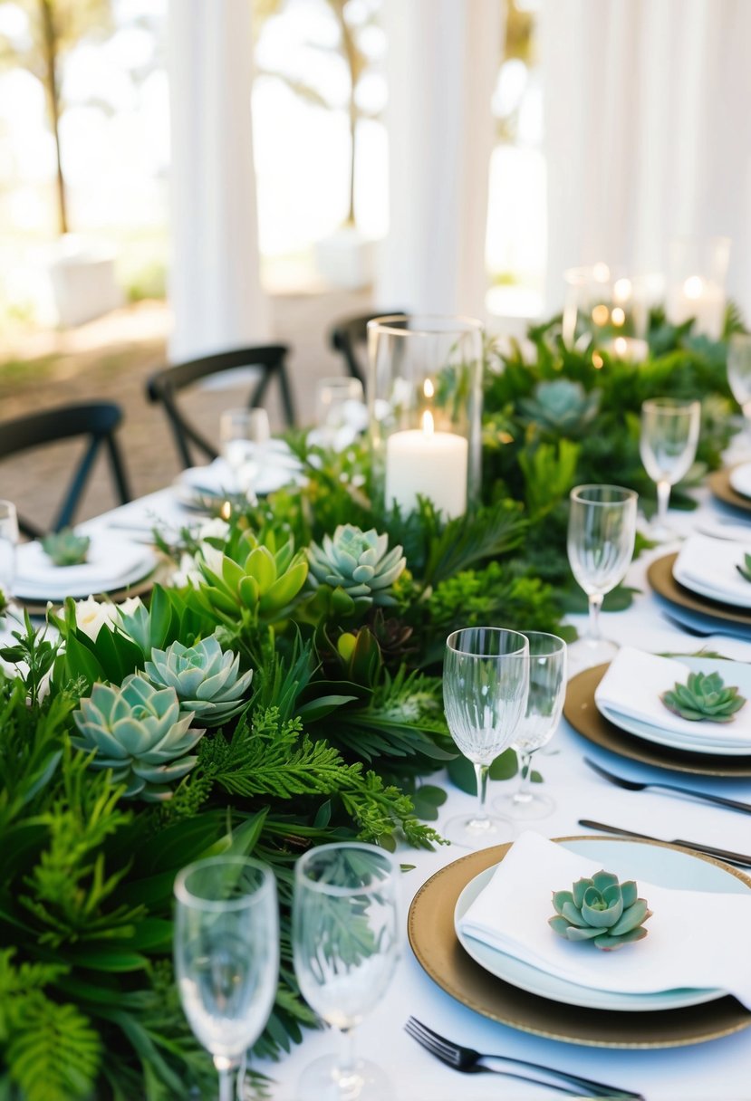 A table adorned with lush green foliage and delicate succulents for a wedding decoration