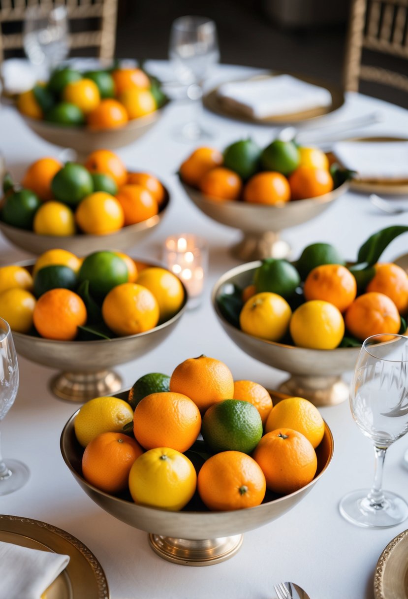 A table set with elegant fruit bowls filled with vibrant citrus fruits, serving as a unique and refreshing wedding table decoration