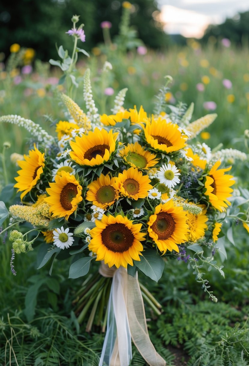 A vibrant bouquet of sunflowers, daisies, and wildflowers arranged in a rustic, hand-tied style with trailing greenery and delicate ribbon accents