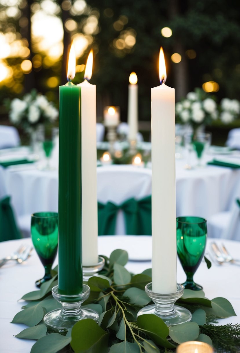 Two white and two green taper candles arranged on a wedding table with green and white decorations