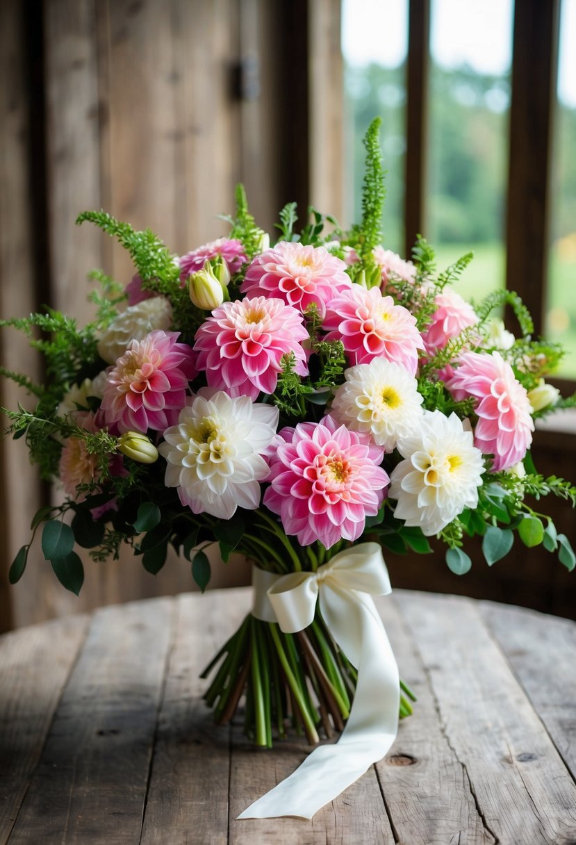 A lush bouquet of pink and white dahlias, accented with greenery and tied with a satin ribbon, sits on a rustic wooden table