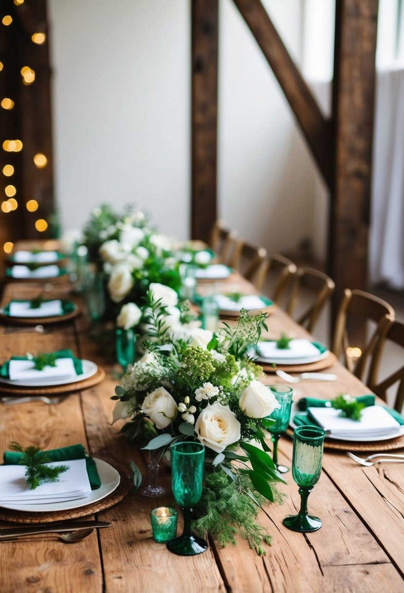 A rustic wooden table adorned with green and white wedding decorations