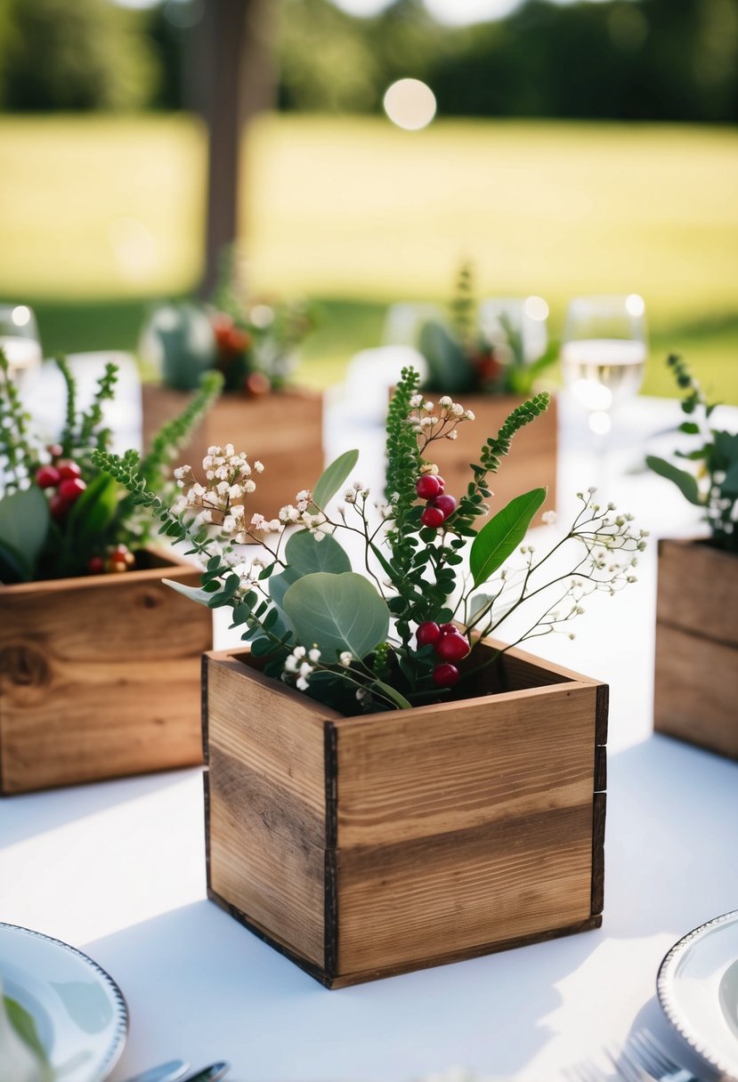 Rustic wooden boxes hold simple greenery, berries, and baby's breath as wedding table decorations