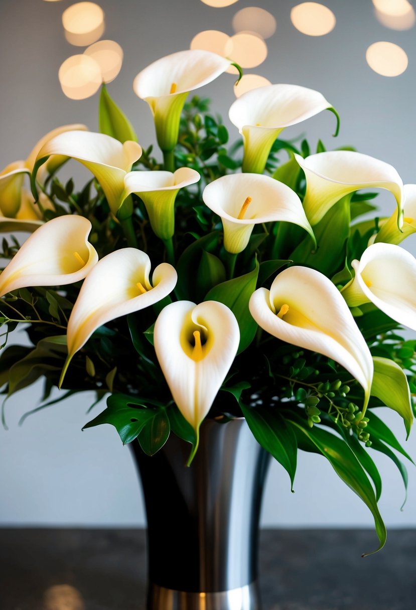 A bouquet of white calla lilies arranged with green foliage in a sleek, modern vase