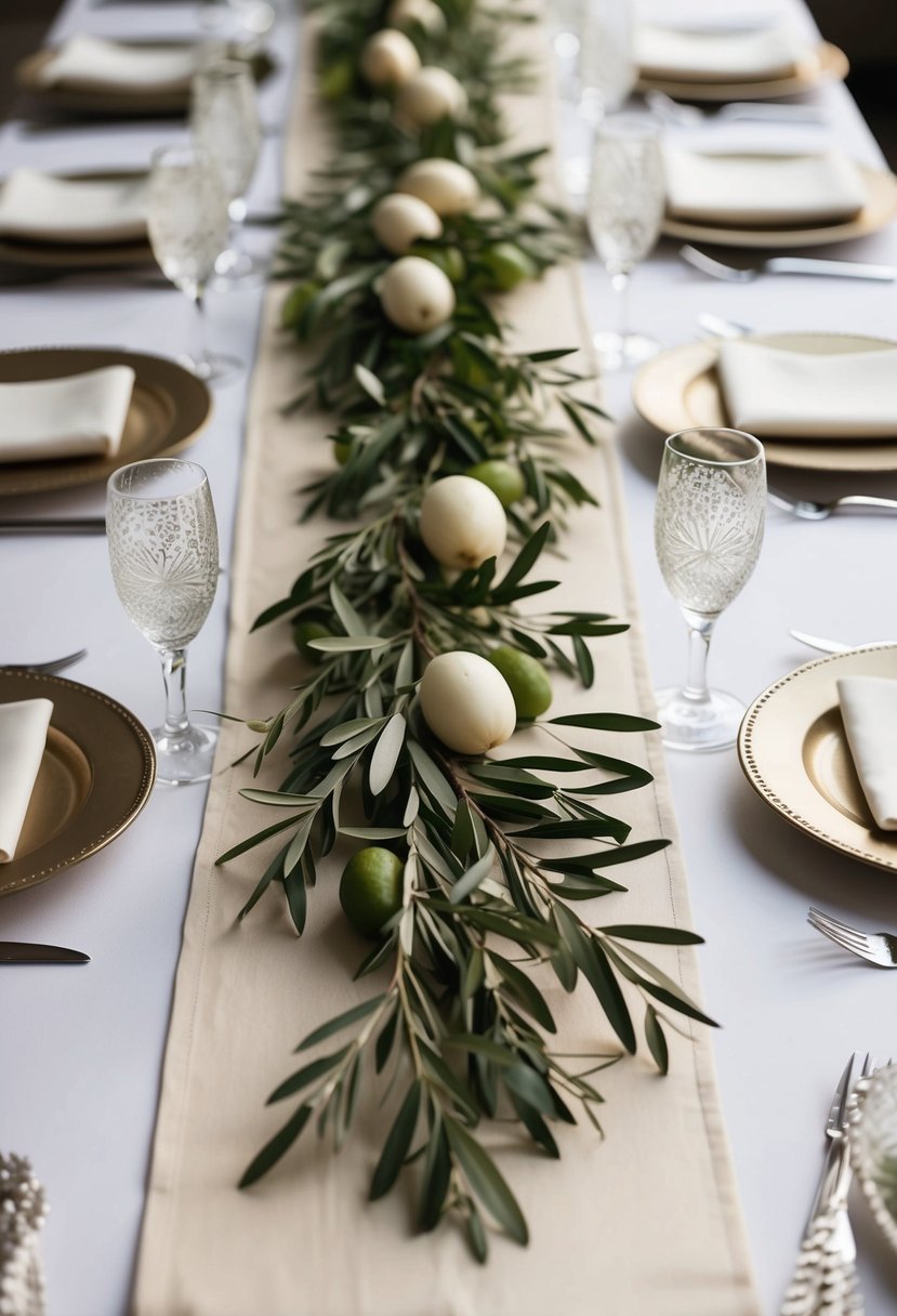 Ivory table runners adorned with fresh olive branches, creating elegant wedding table decor