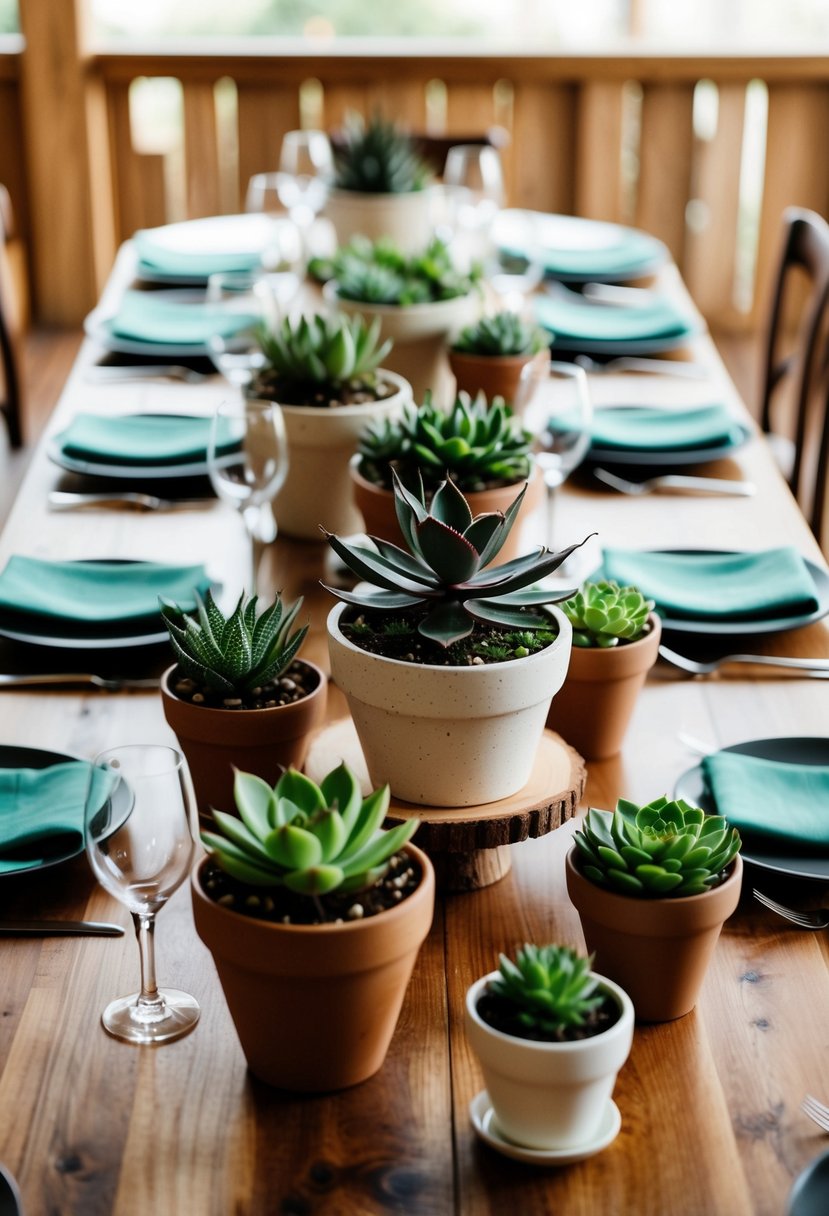 A wooden table adorned with various succulent gardens in decorative pots, serving as unique and elegant wedding table centerpieces