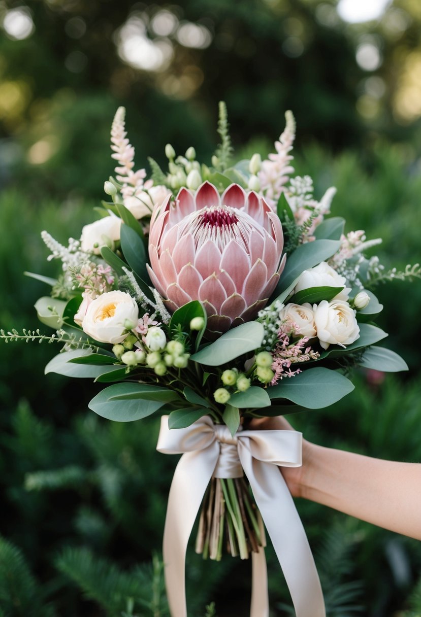 A bouquet of Blushing Bride Protea surrounded by greenery and other delicate flowers, tied with a satin ribbon