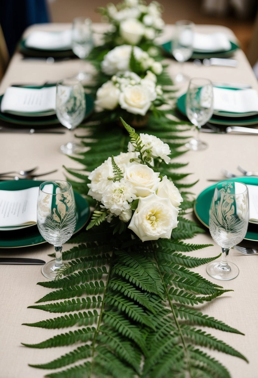 A green fern table runner adorned with white flowers creates an elegant wedding table centerpiece