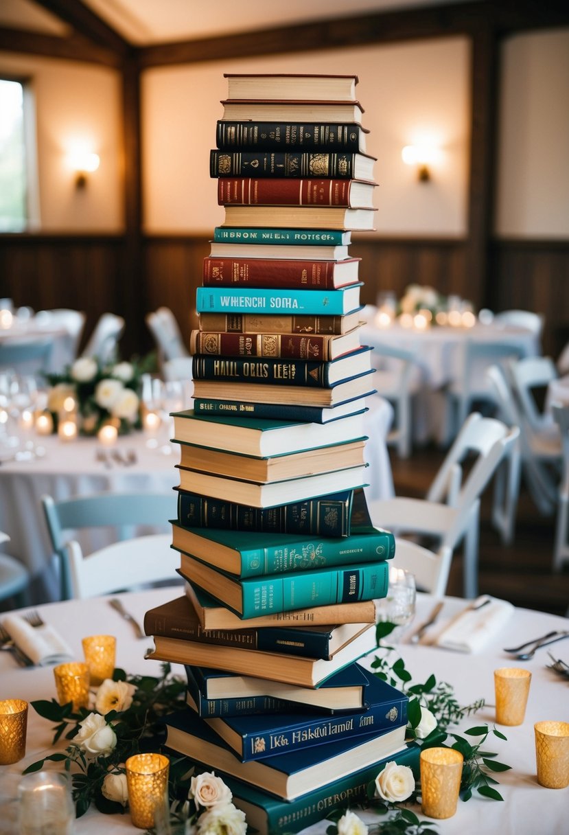 A towering stack of books with whimsical titles serves as a unique centerpiece for a wedding table, surrounded by scattered flowerless decorations