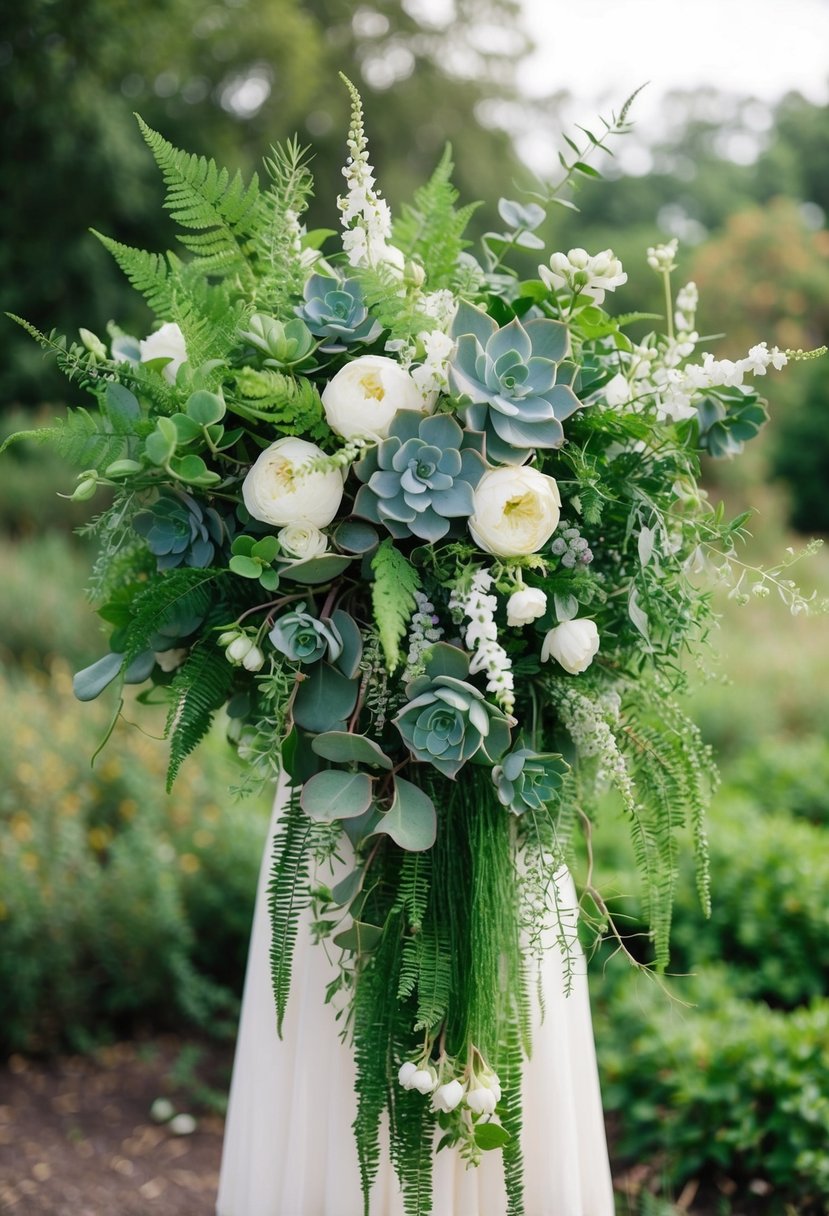 A lush cascade of greenery and flowers, like ferns, eucalyptus, and succulents, intertwined with delicate white blooms, creating a whimsical and enchanting wedding bouquet