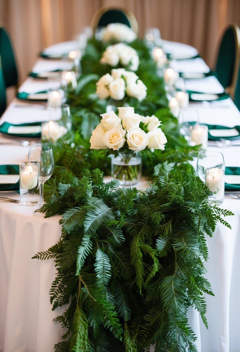 Green garlands draped around a wedding table, adorned with white roses