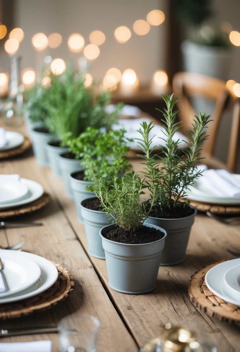 A rustic wooden table adorned with miniature potted herbs, serving as simple and elegant wedding table decorations