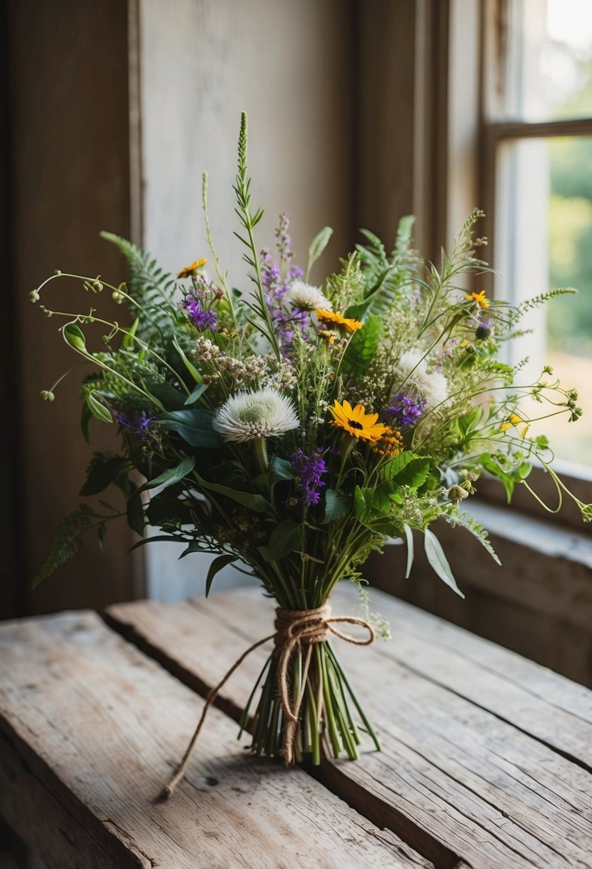 A rustic bouquet of wildflowers and greenery, tied with twine, sits on a weathered wooden table. Sunlight streams through a nearby window, casting a warm glow on the delicate blooms