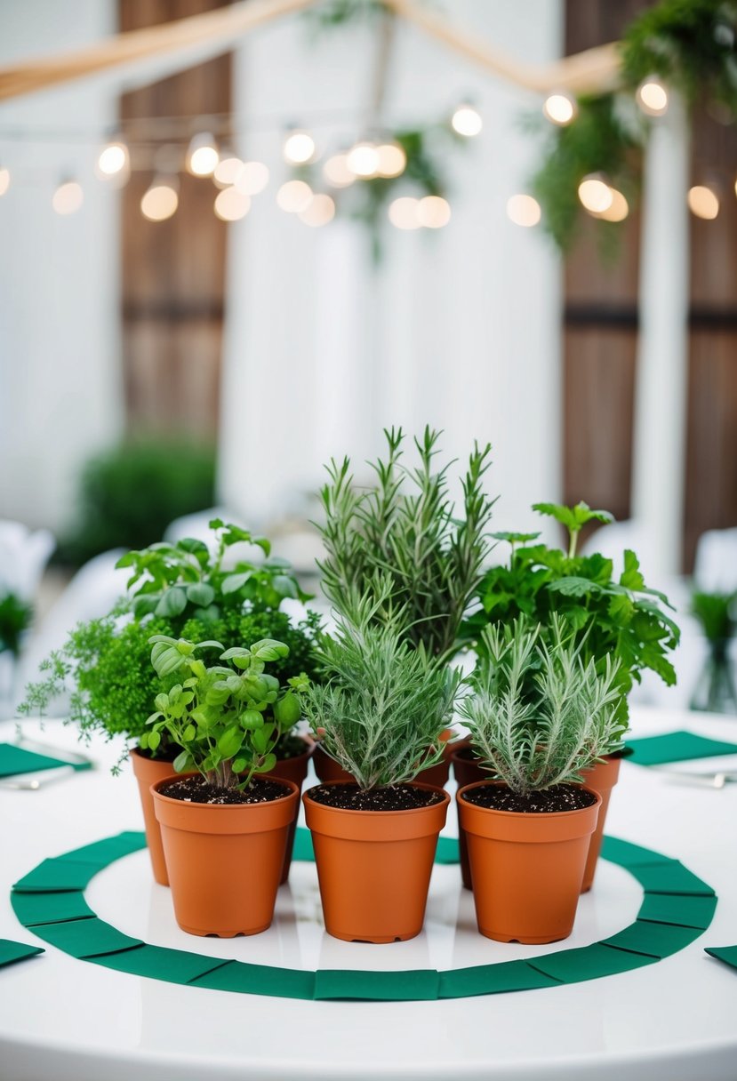 Potted herbs arranged on a white table with green accents for a wedding decoration