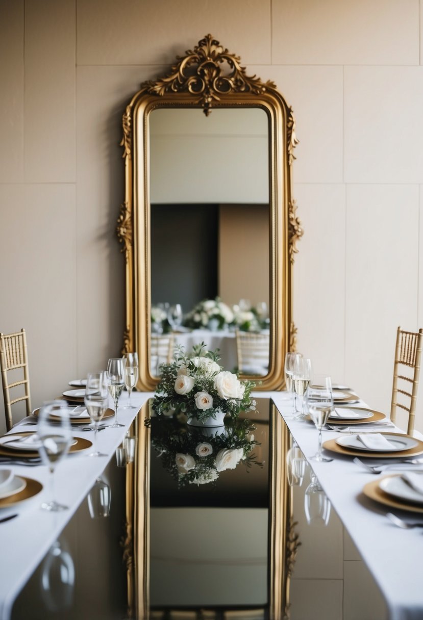 An ornate mirror serves as a table runner, reflecting the elegant setting of a flowerless wedding table