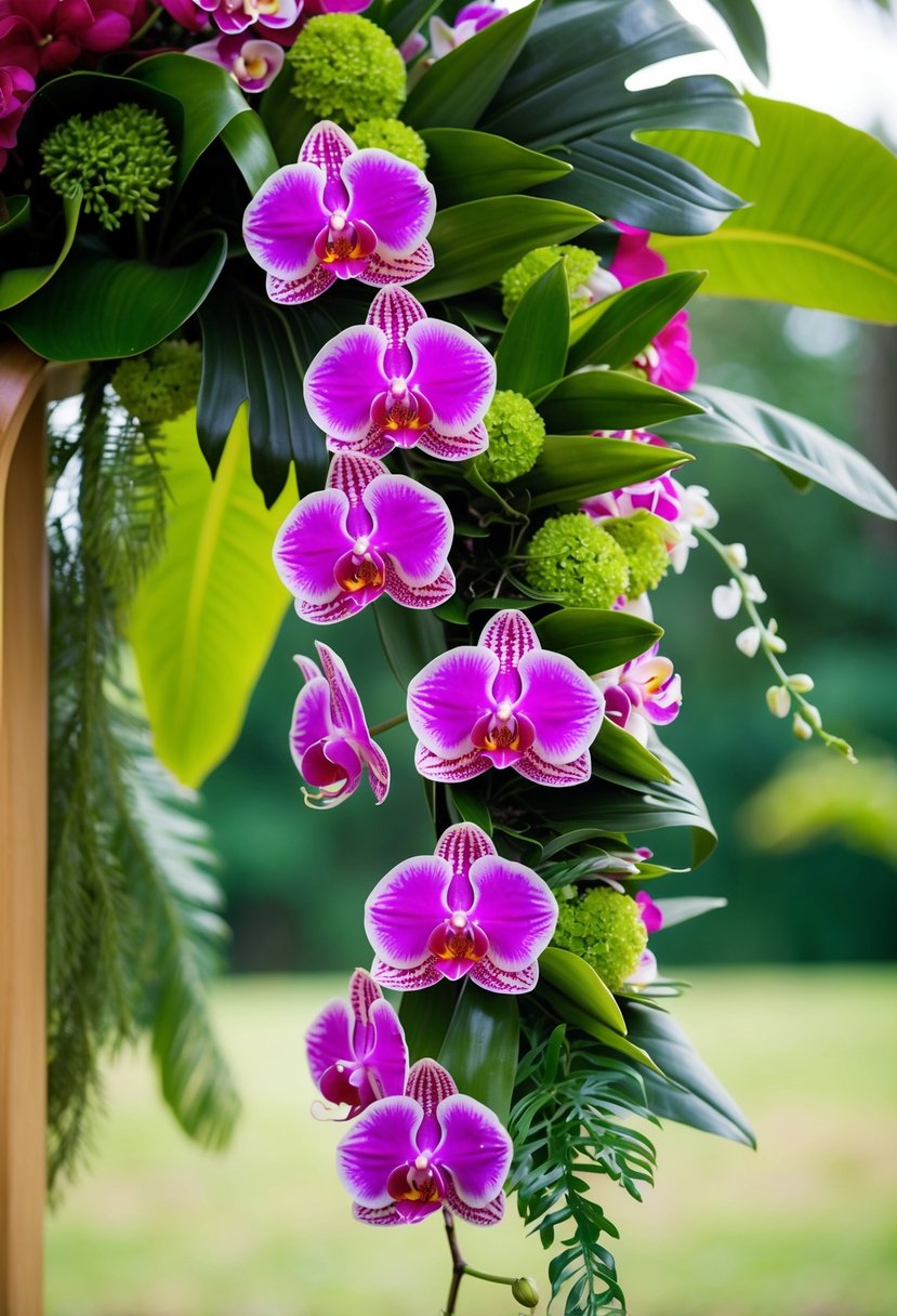 A vibrant bouquet of tropical orchids, mixed with lush green foliage, arranged in a delicate, cascading style