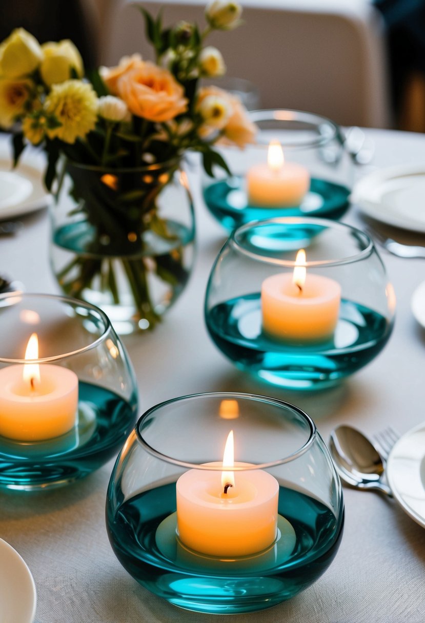 A table set with glass bowls filled with water and floating candles, no flowers