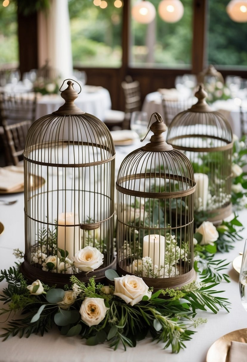 Antique birdcages adorned with delicate flowers and greenery, arranged as table centerpieces for a wedding celebration