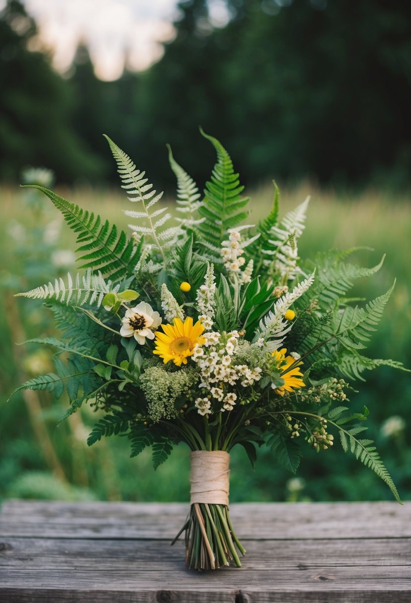 A rustic bouquet of ferns, charms, and wildflowers, evoking a July bride's natural and enchanting wedding theme