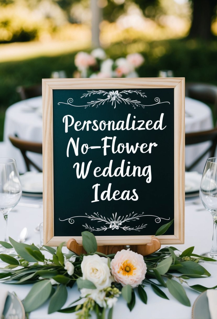 A chalkboard sign with personalized no-flower wedding table decor ideas