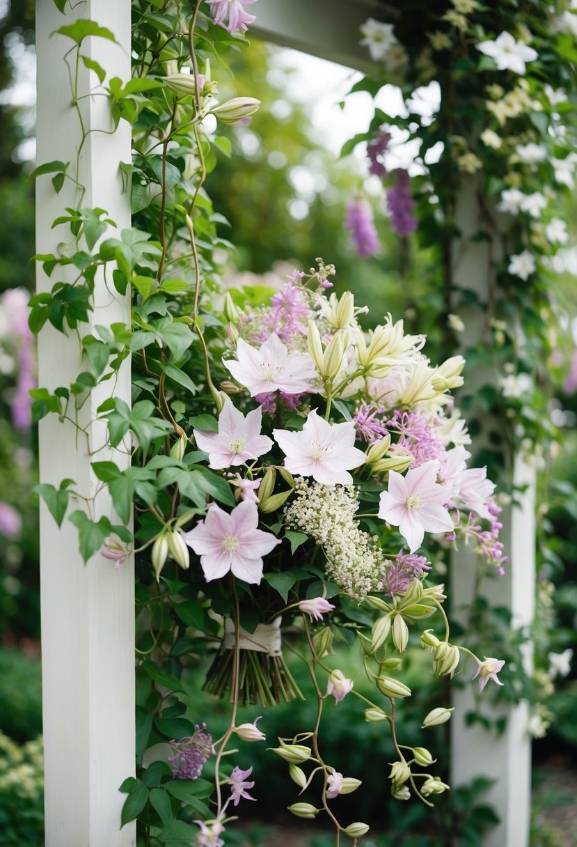 A lush bouquet of clematis vines and delicate flowers, perfect for a July bride's wedding