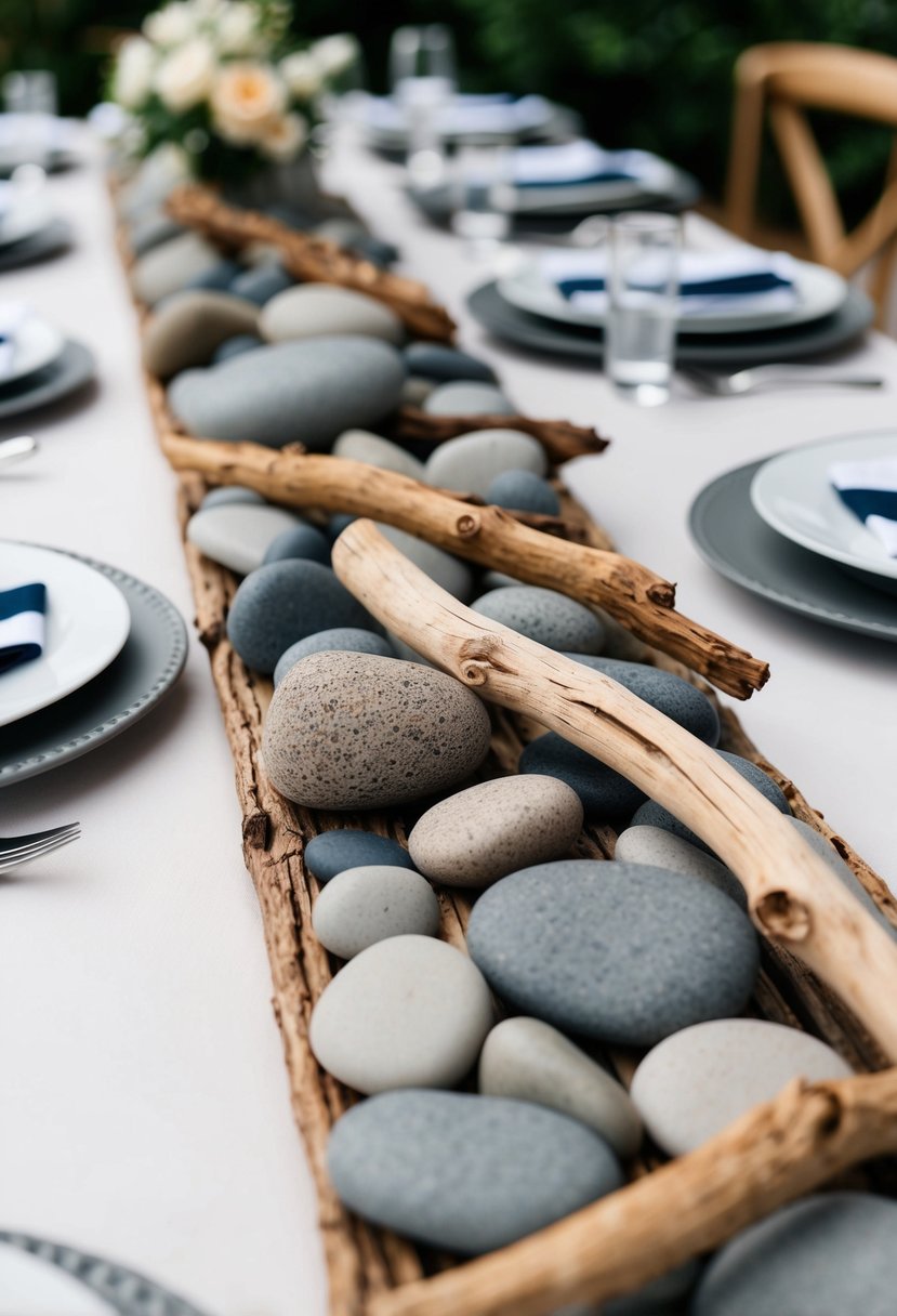 Driftwood and pebbles arranged on a table, with no flowers, for a wedding decoration