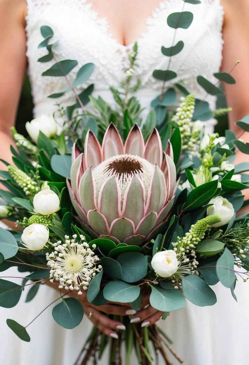 A lush bouquet of King Protea, July's birth flower, surrounded by eucalyptus and delicate white blooms, perfect for a wedding