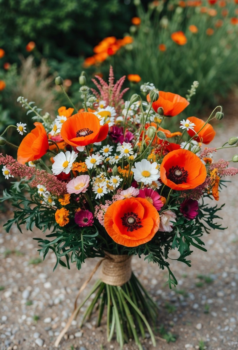 A vibrant bouquet of poppies, daisies, and wildflowers in a rustic, hand-tied arrangement. Rich reds, pinks, and whites with green foliage