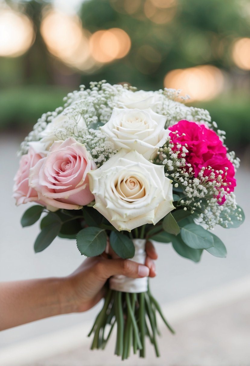 A simple white and pink bouquet with roses and baby's breath