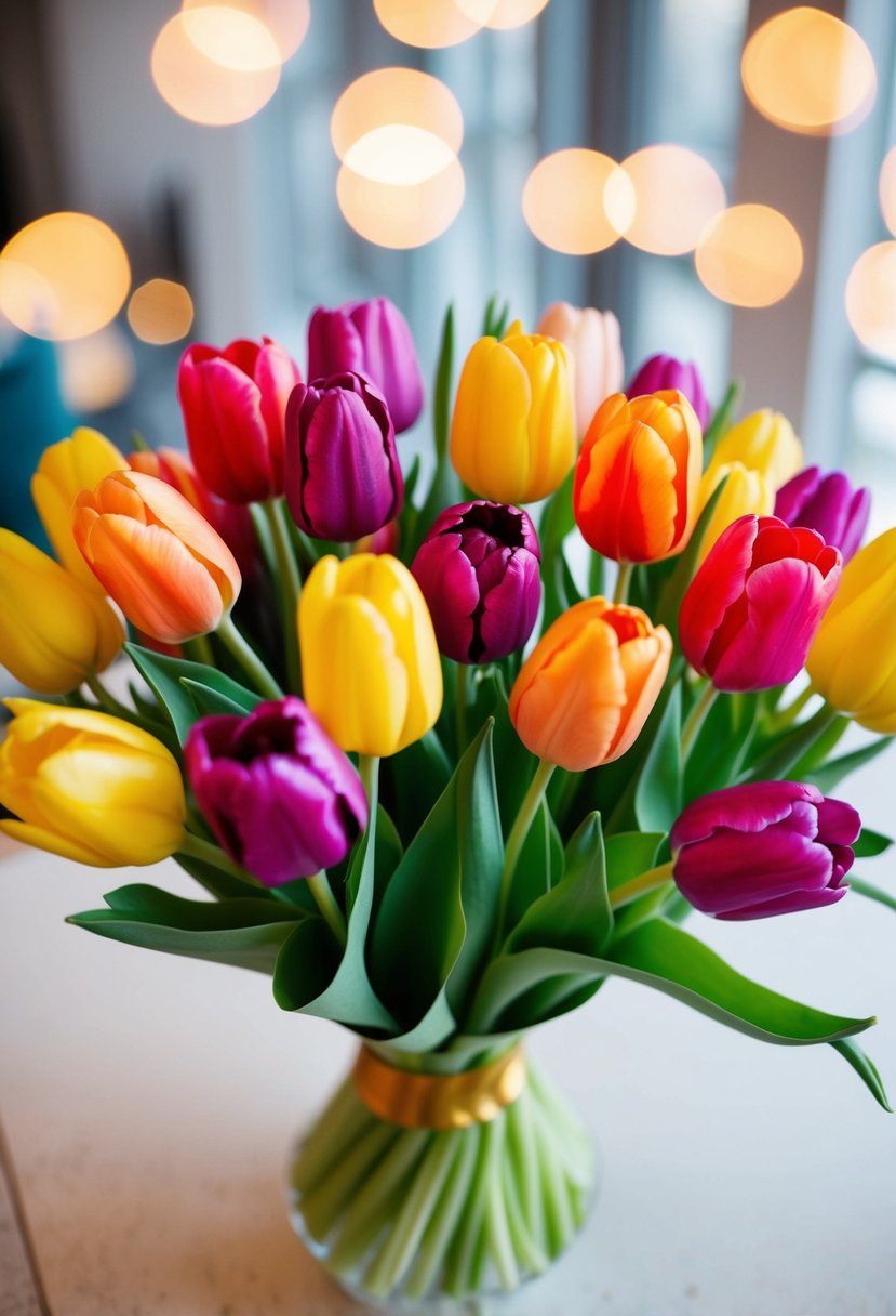 A vibrant bouquet of bright tulips in various shades, arranged in a delicate and elegant manner