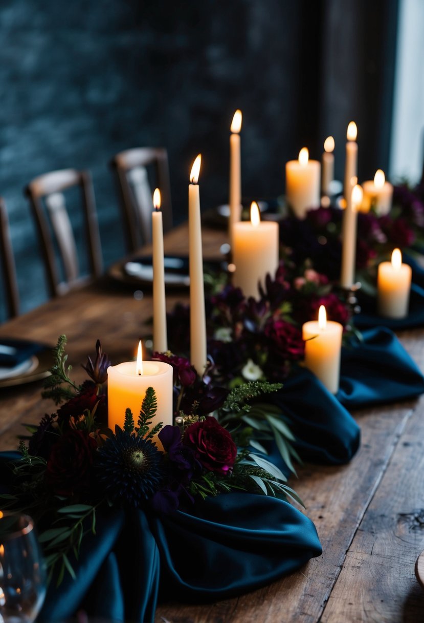 Dark floral centerpieces with flickering candles, draped in deep jewel-toned fabrics, set on a rustic wooden table