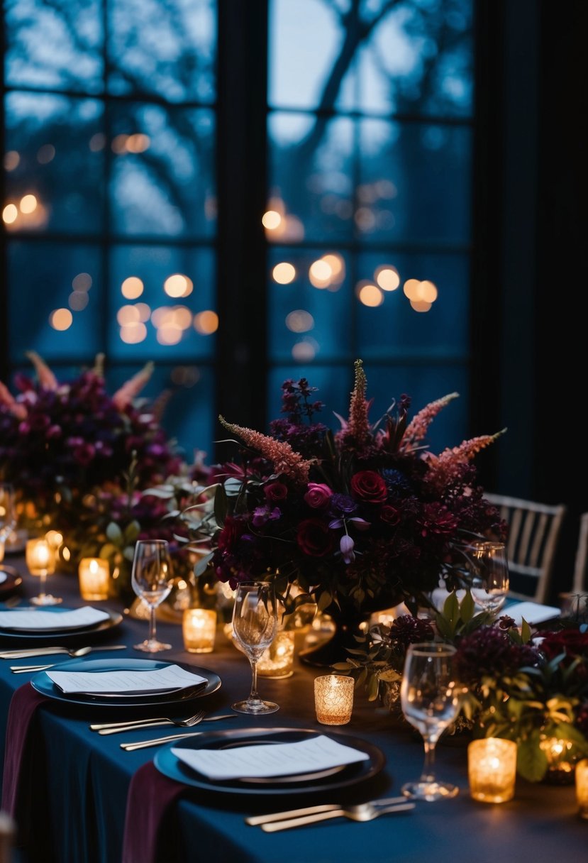 A dimly lit table with rich, moody floral centerpieces in deep, dark hues, creating an atmosphere of elegance and mystery