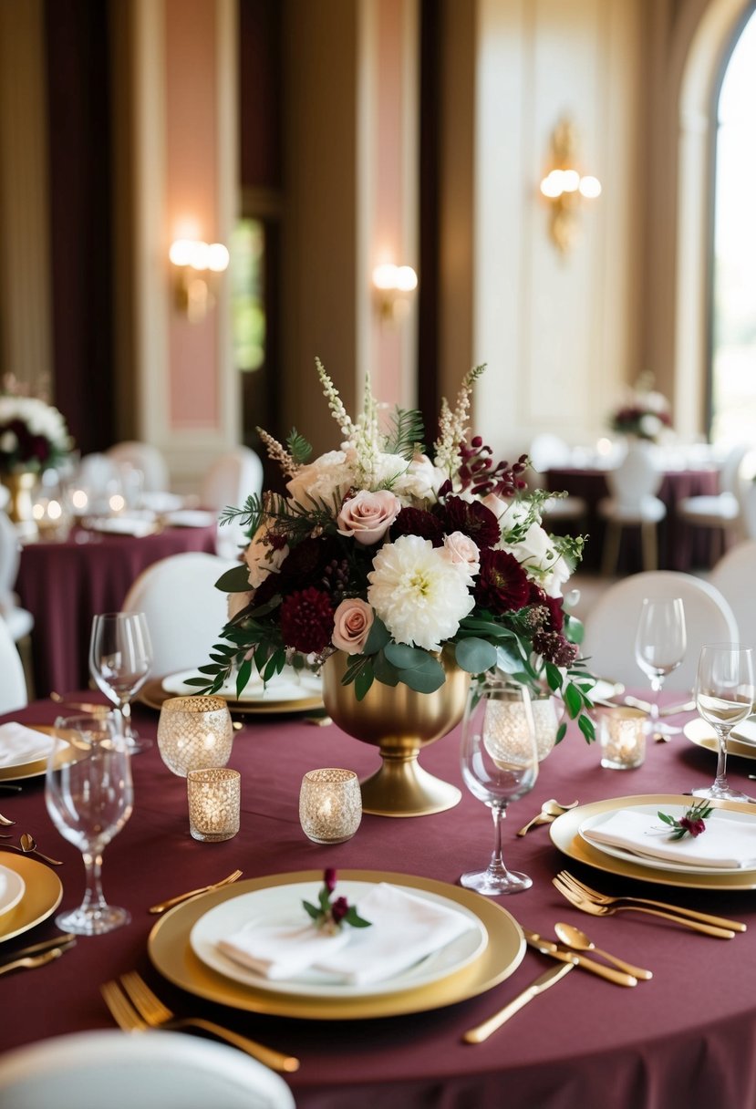 A maroon-themed wedding table with elegant floral centerpieces and gold accents