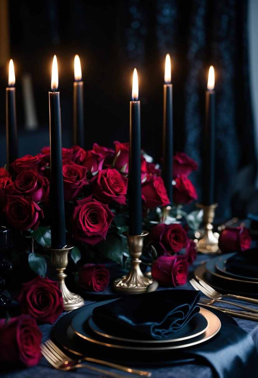 A dark, elegant table setting with black taper candles, surrounded by deep red roses and draped with rich, moody fabrics