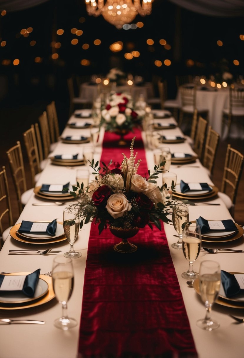 A dimly lit wedding table adorned with rich velvet table runners and elegant floral arrangements