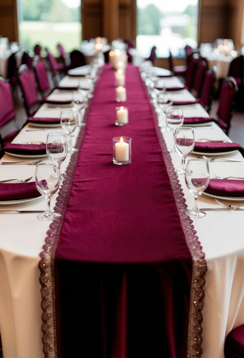 A long maroon velvet table runner drapes across a table, adorned with matching maroon decorations for a wedding setting