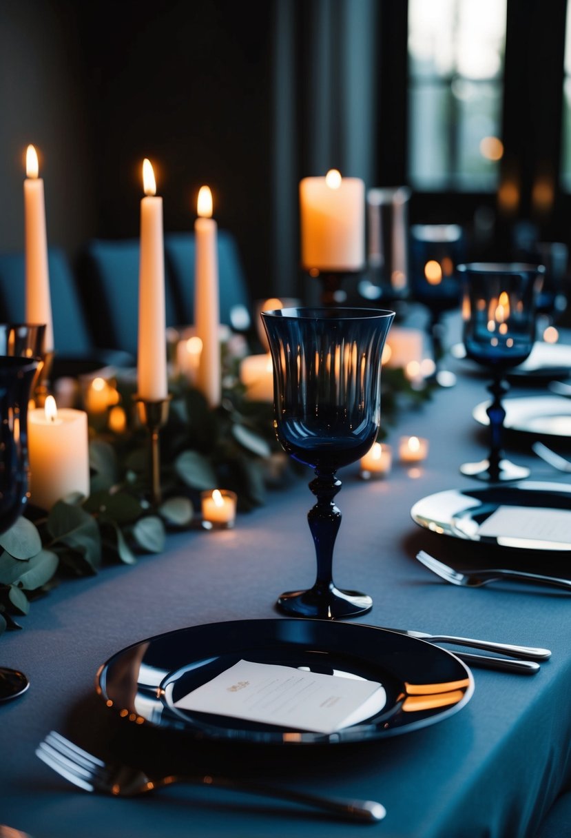 Elegant, dark-hued glassware arranged on a moody wedding table, reflecting soft candlelight