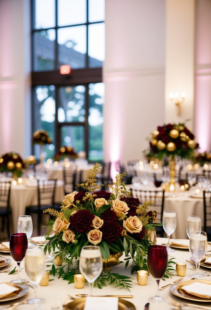 Lush gold and maroon floral centerpieces adorn elegant wedding tables