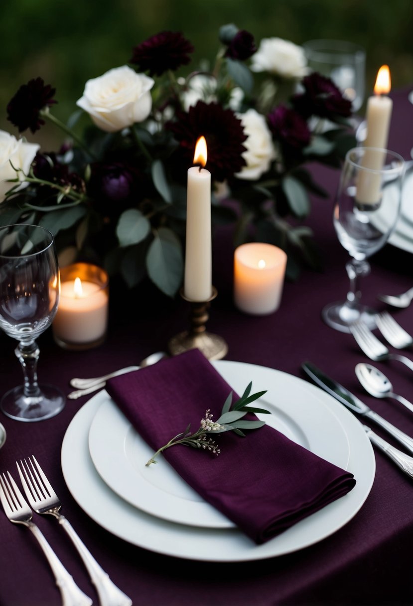 A moody wedding table set with dark plum napkins, silverware, and candles