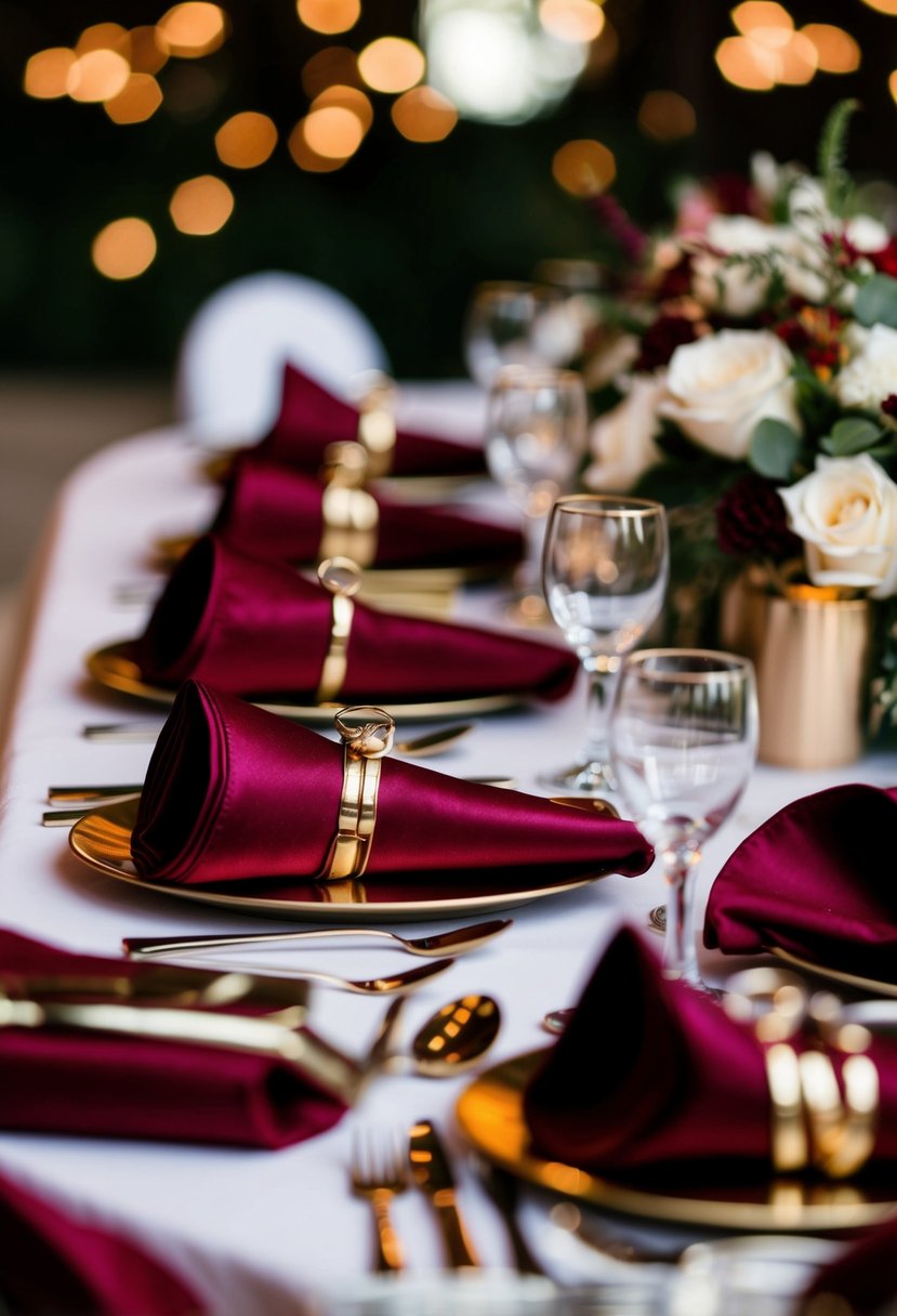 Maroon silk napkins folded neatly with gold rings on a wedding table